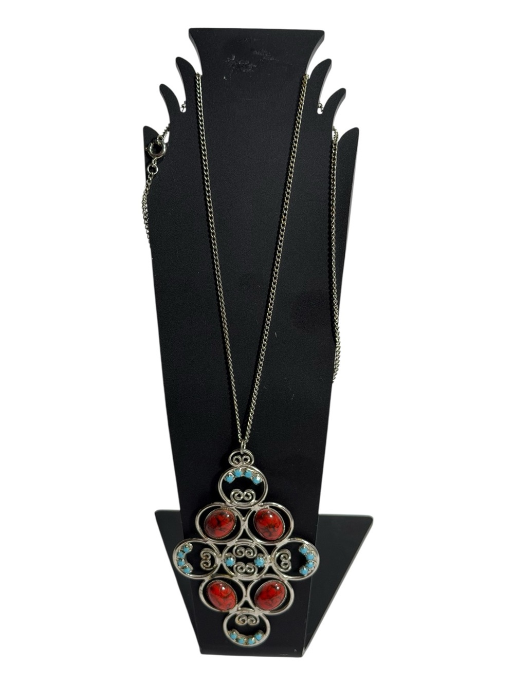 Faux Turquoise & Dark Red Cabochon Statement Pendant Necklace Filigree Settings